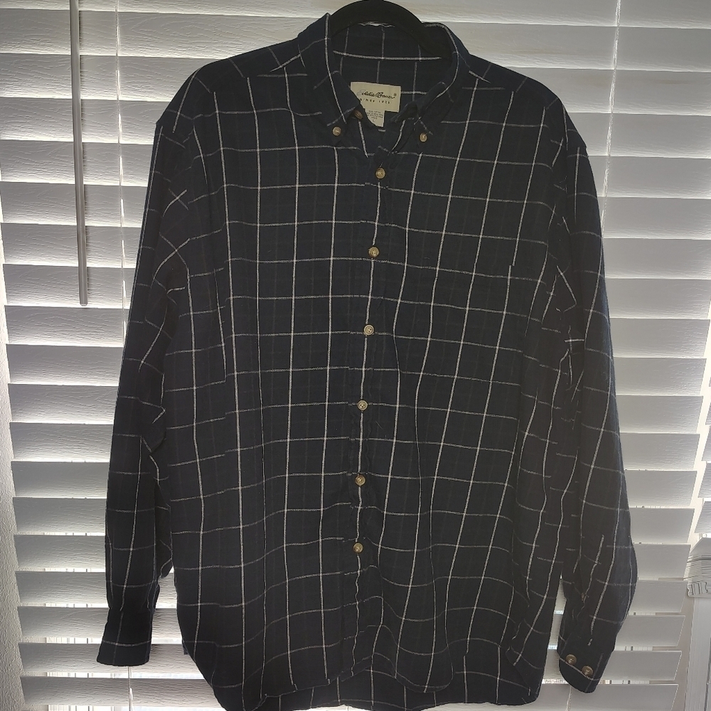 Eddie Bauer Men's Navy Checkered Button Down Shirt Vintage Large